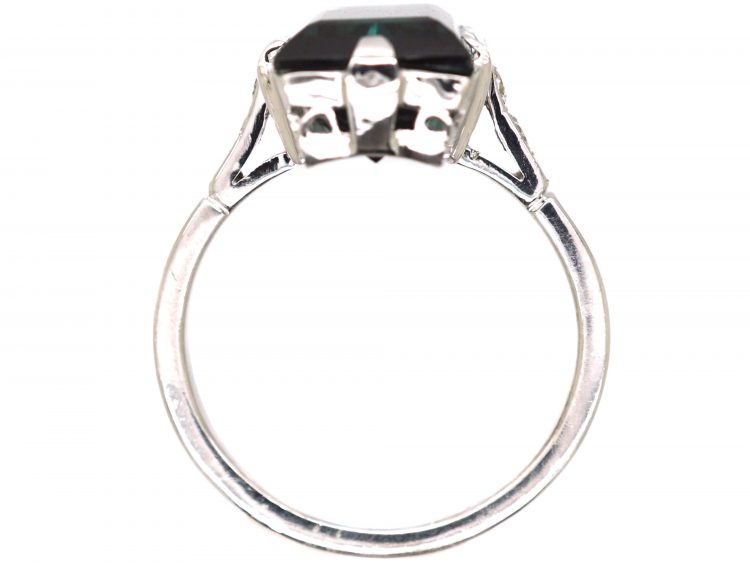 Art Deco 18ct White Gold Ring set with a Rectangular Cut Green Tourmaline with Diamond Shoulders