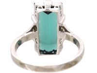 Art Deco 18ct White Gold Ring set with a Rectangular Cut Green Tourmaline with Diamond Shoulders