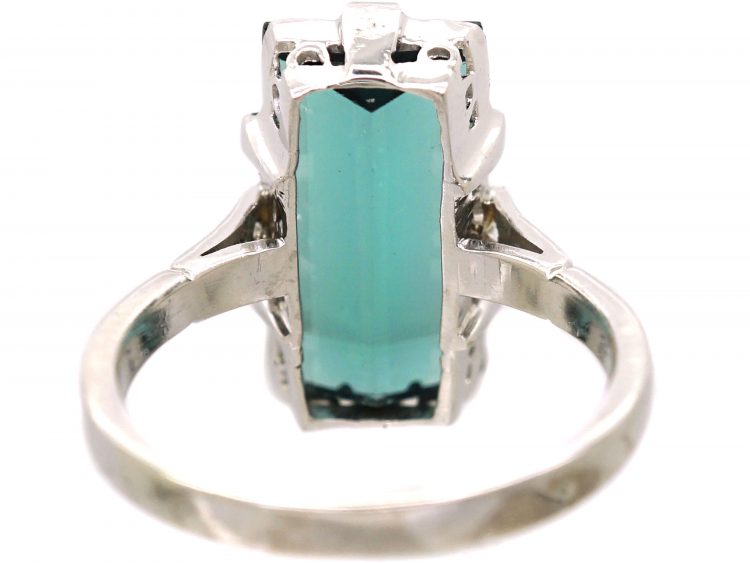 Art Deco 18ct White Gold Ring set with a Rectangular Cut Green Tourmaline with Diamond Shoulders