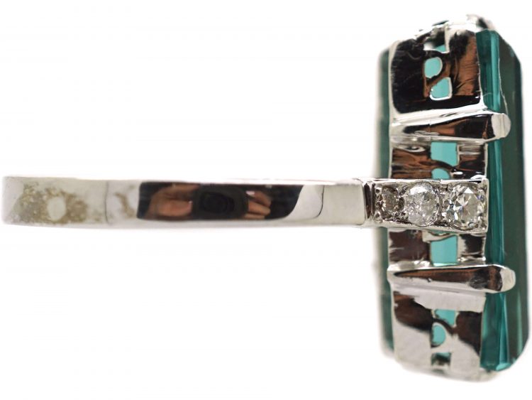 Art Deco 18ct White Gold Ring set with a Rectangular Cut Green Tourmaline with Diamond Shoulders