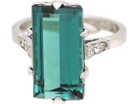 Art Deco 18ct White Gold Ring set with a Rectangular Cut Green Tourmaline with Diamond Shoulders