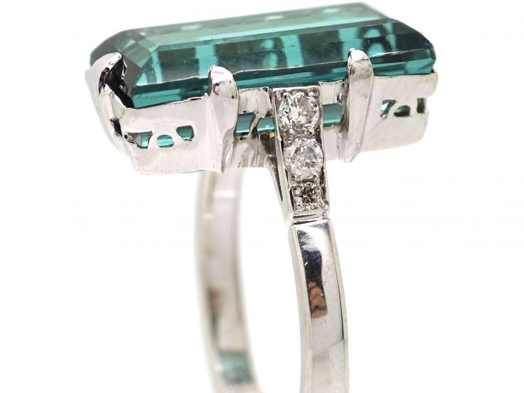 Art Deco 18ct White Gold Ring set with a Rectangular Cut Green Tourmaline with Diamond Shoulders