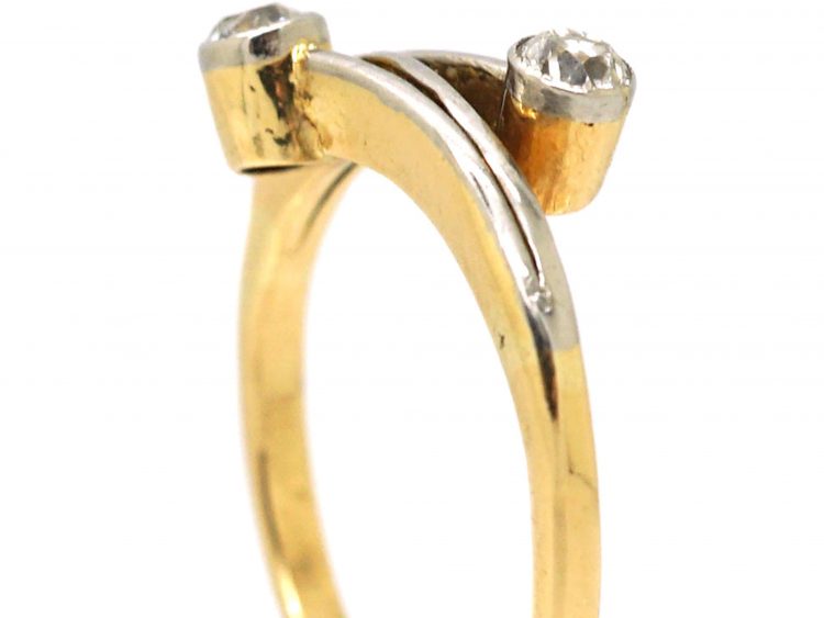 Edwardian 18ct Gold & Platinum Two Diamond Crossover Ring