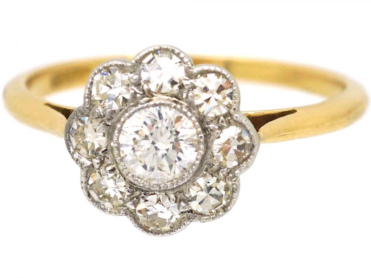 Edwardian 18ct Gold & Platinum, Diamond Daisy Cluster Ring