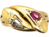 Victorian 18ct Gold Double Snake Ring set with a Pear Shaped Ruby & Rose Diamond