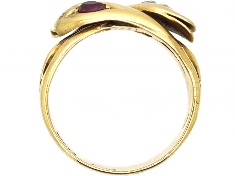 Victorian 18ct Gold Double Snake Ring set with a Pear Shaped Ruby & Rose Diamond
