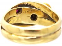 Victorian 18ct Gold Double Snake Ring set with a Pear Shaped Ruby & Rose Diamond