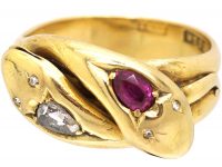 Victorian 18ct Gold Double Snake Ring set with a Pear Shaped Ruby & Rose Diamond