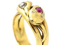 Victorian 18ct Gold Double Snake Ring set with a Pear Shaped Ruby & Rose Diamond