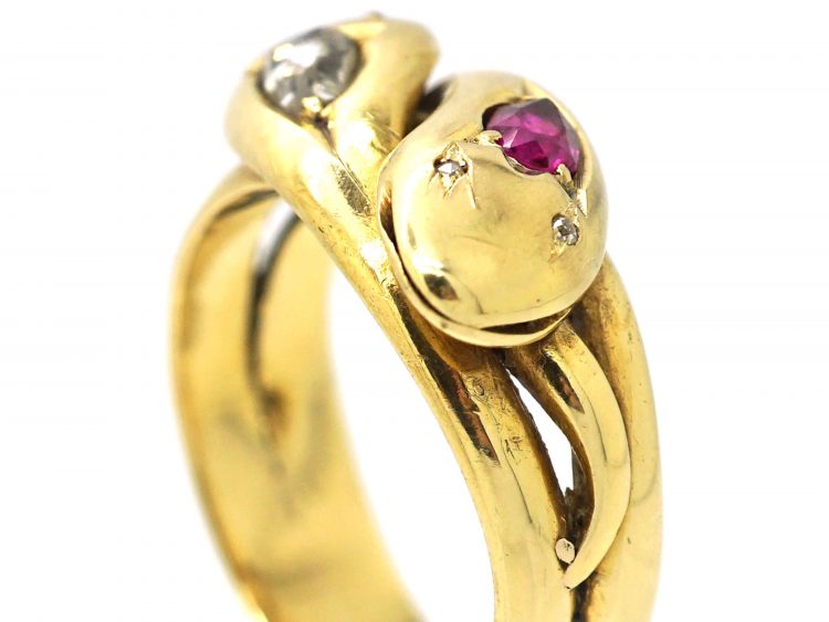 Victorian 18ct Gold Double Snake Ring set with a Pear Shaped Ruby & Rose Diamond