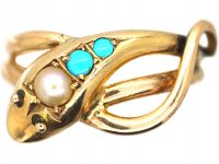 Edwardian 9ct Gold Snake Ring set with Turquoise & a Pearl