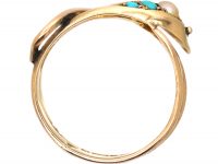 Edwardian 9ct Gold Snake Ring set with Turquoise & a Pearl