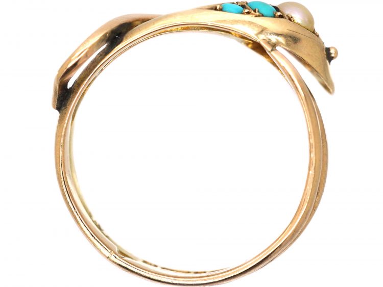 Edwardian 9ct Gold Snake Ring set with Turquoise & a Pearl