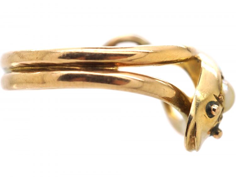 Edwardian 9ct Gold Snake Ring set with Turquoise & a Pearl