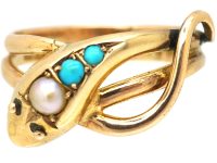 Edwardian 9ct Gold Snake Ring set with Turquoise & a Pearl