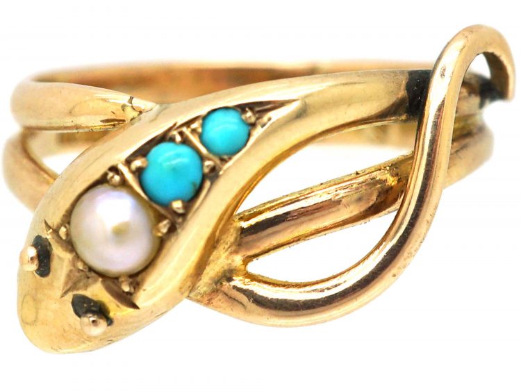 Edwardian 9ct Gold Snake Ring set with Turquoise & a Pearl