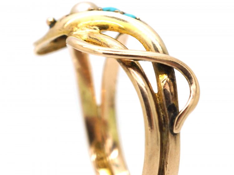 Edwardian 9ct Gold Snake Ring set with Turquoise & a Pearl