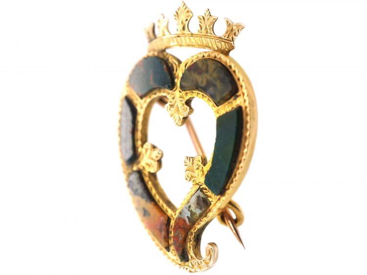 Victorian 9ct Gold Scottish Weeping heart & Crown Brooch set with Agates