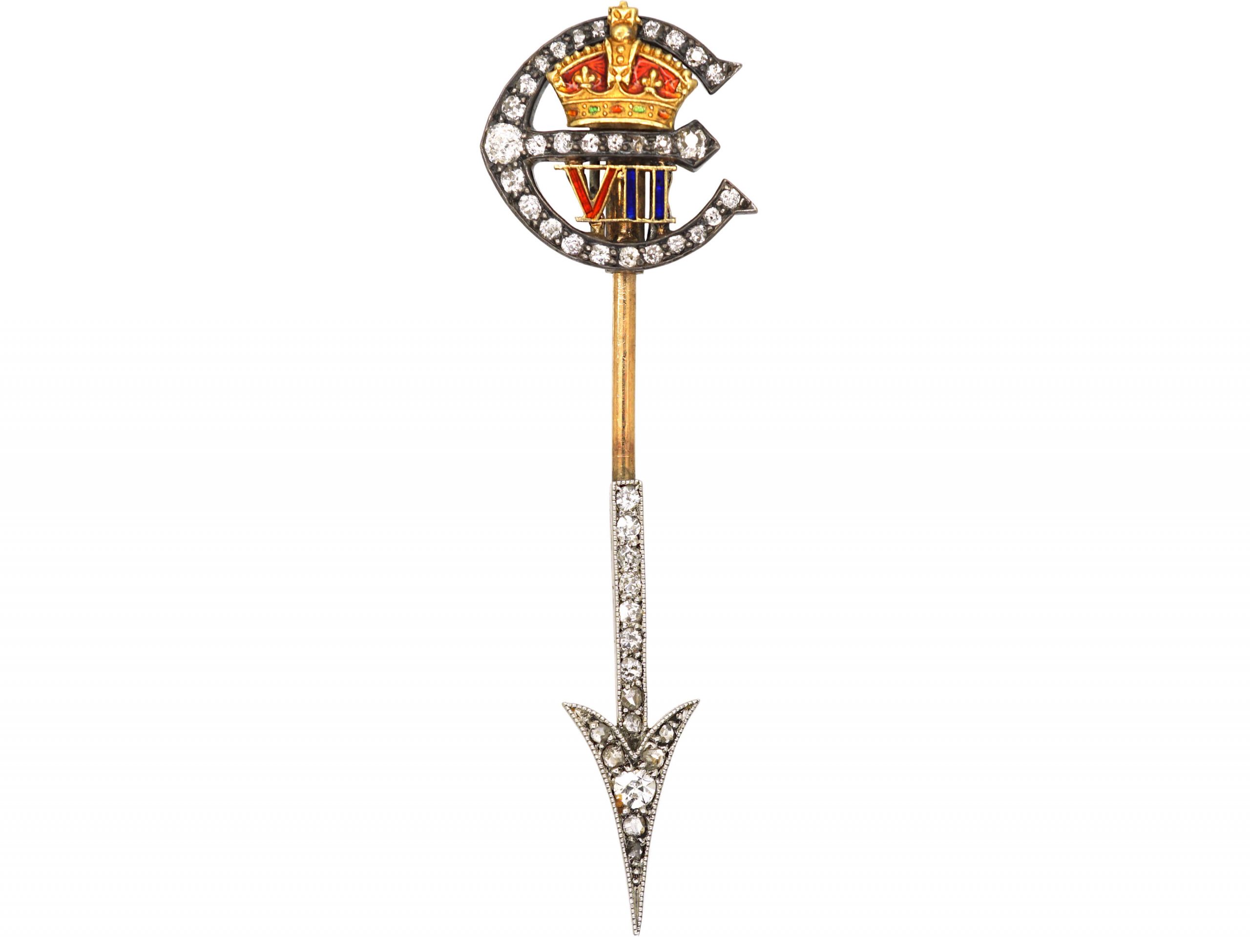 Edward V11 Royal 15ct Gold & Silver, Diamond & Enamel Jabot Brooch