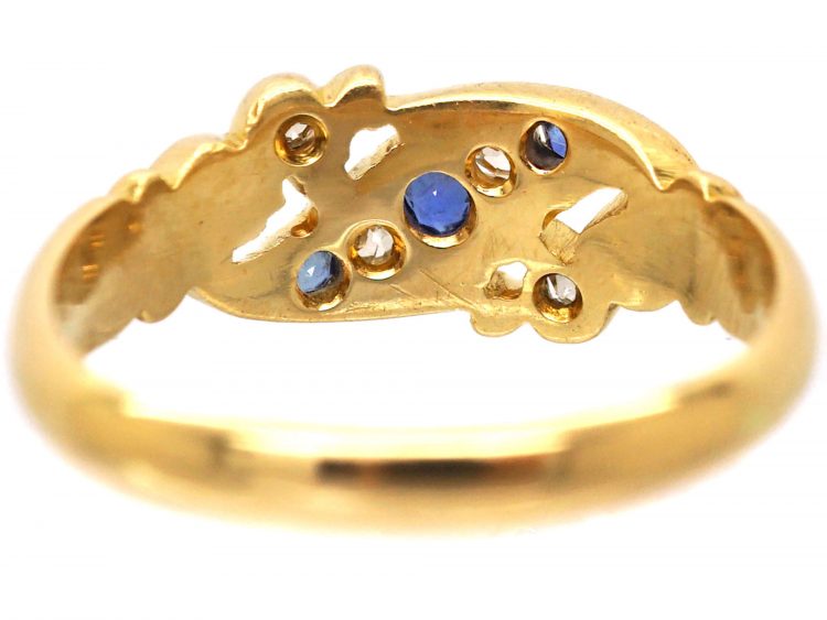 Edwardian 18ct Gold Sapphire & Diamond Crossover Ring with Scroll Detail