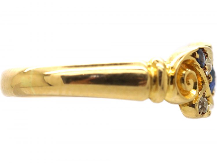 Edwardian 18ct Gold Sapphire & Diamond Crossover Ring with Scroll Detail