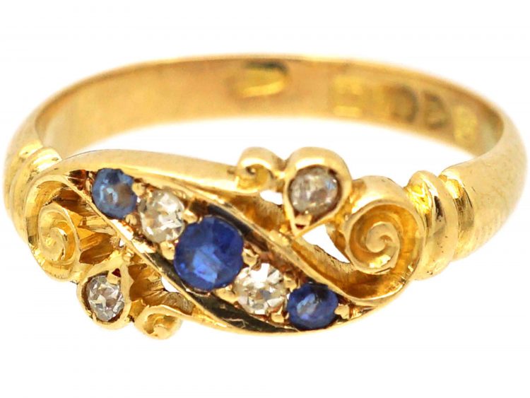 Edwardian 18ct Gold Sapphire & Diamond Crossover Ring with Scroll Detail