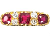 Victorian 18ct Gold Three Stone Ruby & Diamond carved half hoop Ring