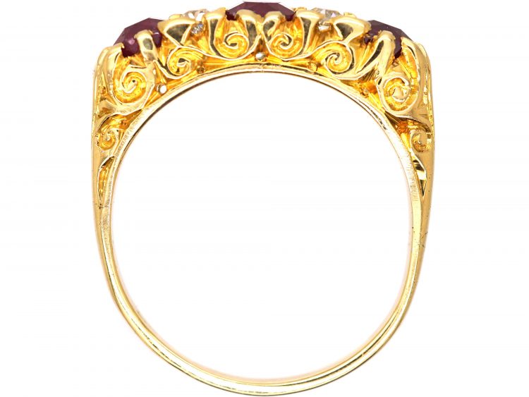 Victorian 18ct Gold Three Stone Ruby & Diamond carved half hoop Ring