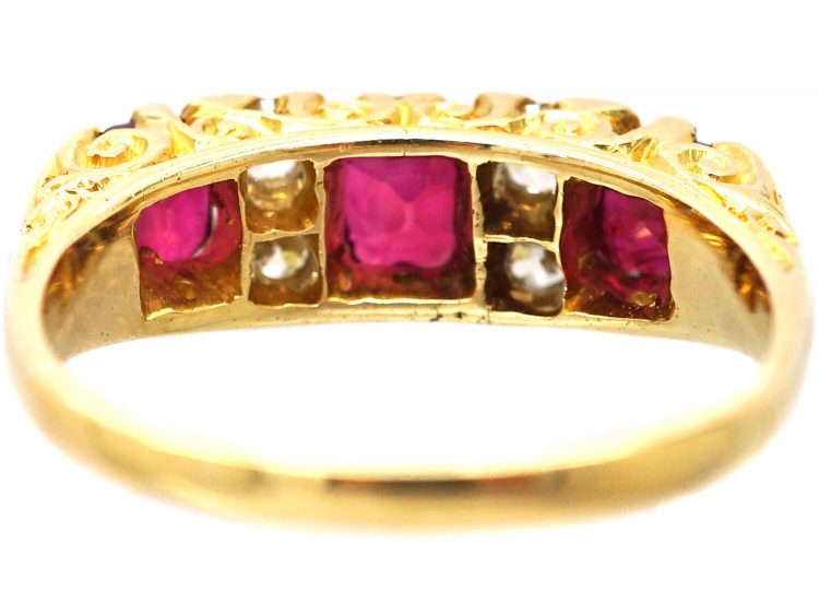 Victorian 18ct Gold Three Stone Ruby & Diamond carved half hoop Ring