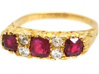 Victorian 18ct Gold Three Stone Ruby & Diamond carved half hoop Ring