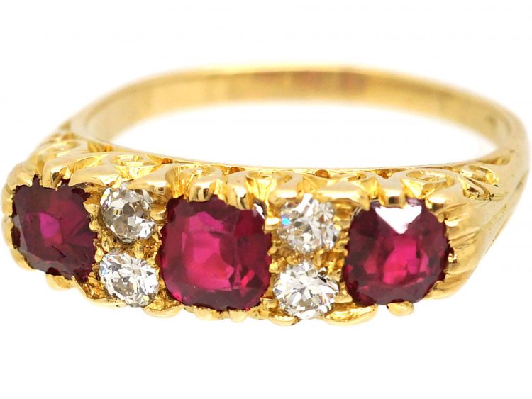 Victorian 18ct Gold Three Stone Ruby & Diamond carved half hoop Ring