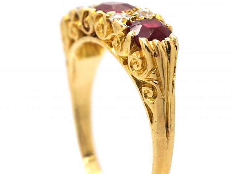 Victorian 18ct Gold Three Stone Ruby & Diamond carved half hoop Ring