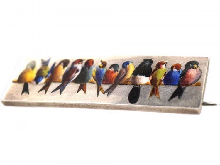 Victorian Silver Novelty Brooch with Enamelled Swallows on a Branch
