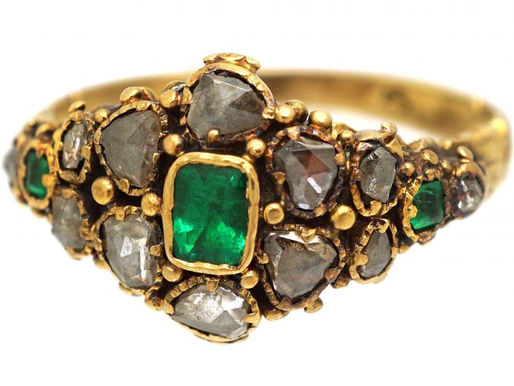 Early 19th Century 15ct Gold, Emerald & Rose Diamond Cluster Ring