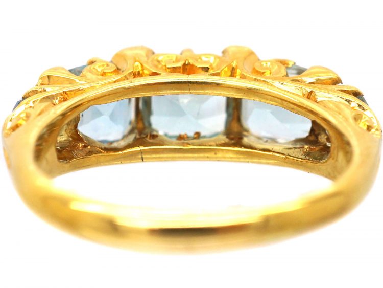 Victorian 18ct Gold Five Stone Aquamarine Carved Half Hoop Ring with Rose Diamond Points