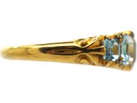 Victorian 18ct Gold Five Stone Aquamarine Carved Half Hoop Ring with Rose Diamond Points