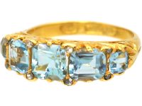 Victorian 18ct Gold Five Stone Aquamarine Carved Half Hoop Ring with Rose Diamond Points