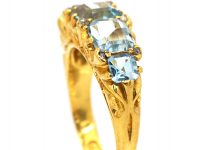 Victorian 18ct Gold Five Stone Aquamarine Carved Half Hoop Ring with Rose Diamond Points