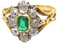 Early 19th Century 15ct Gold & Silver Cluster Ring set with an Emerald & Diamonds
