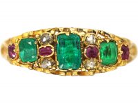 Victorian 18ct Gold, Three Stone Emerald Ring with Ruby & Rose Diamond Detail Victorian 18ct Gold, Three Stone Emerald Ring with Ruby & Rose Diamond Detail