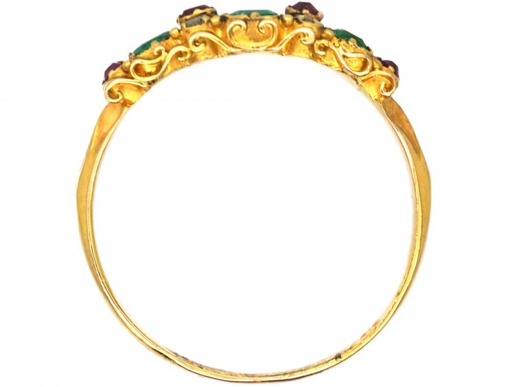 Victorian 18ct Gold, Three Stone Emerald Ring with Ruby & Rose Diamond Detail