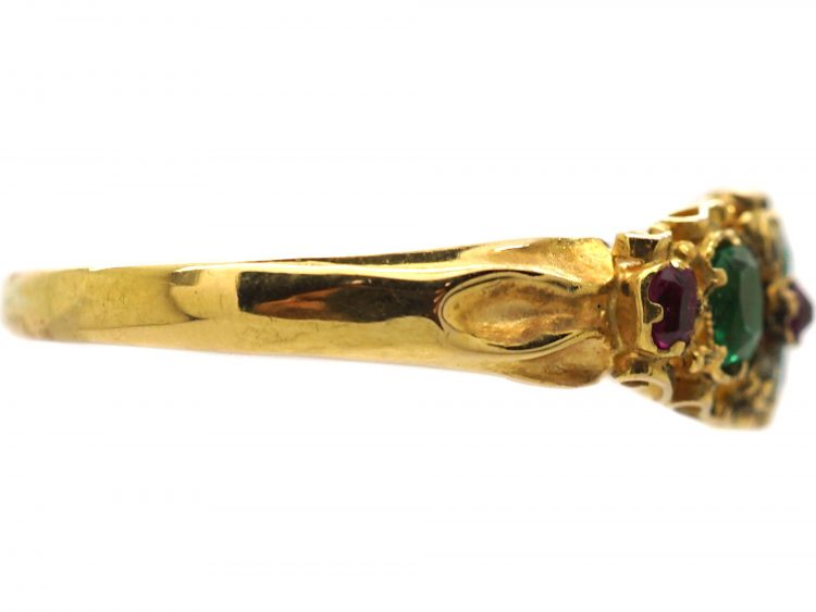 Victorian 18ct Gold, Three Stone Emerald Ring with Ruby & Rose Diamond Detail
