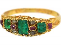 Victorian 18ct Gold, Three Stone Emerald Ring with Ruby & Rose Diamond Detail