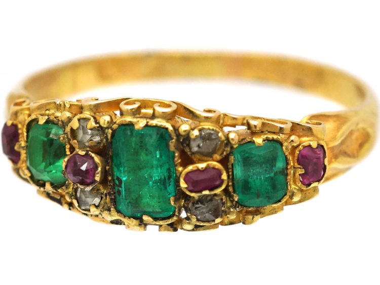 Victorian 18ct Gold, Three Stone Emerald Ring with Ruby & Rose Diamond Detail