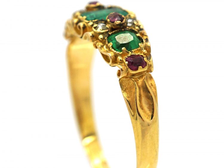 Victorian 18ct Gold, Three Stone Emerald Ring with Ruby & Rose Diamond Detail