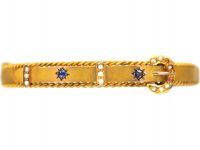 Edwardian 9ct Gold Buckle Motif Bangle set with Sapphires & Natural Split Pearls