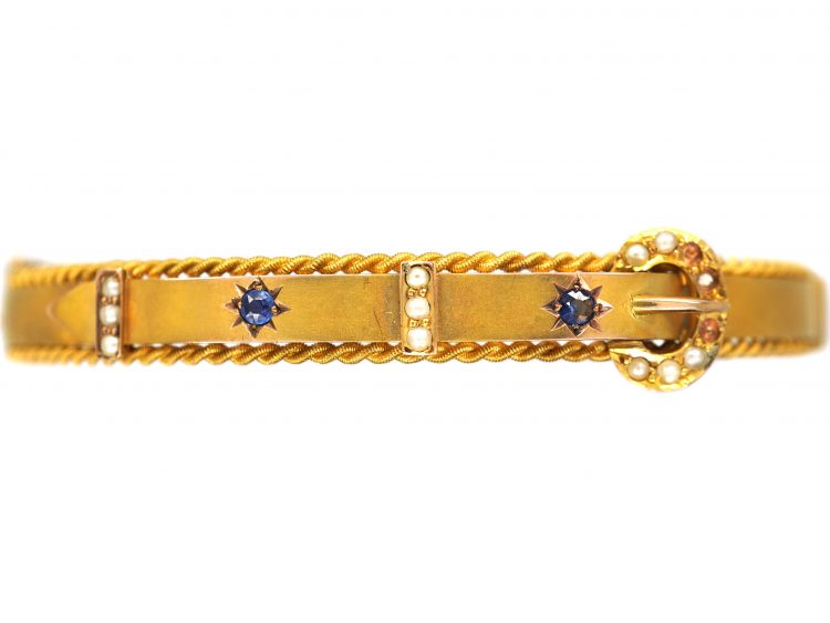 Edwardian 9ct Gold Buckle Motif Bangle set with Sapphires & Natural Split Pearls