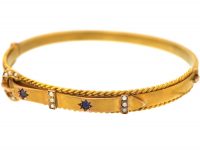 Edwardian 9ct Gold Buckle Motif Bangle set with Sapphires & Natural Split Pearls