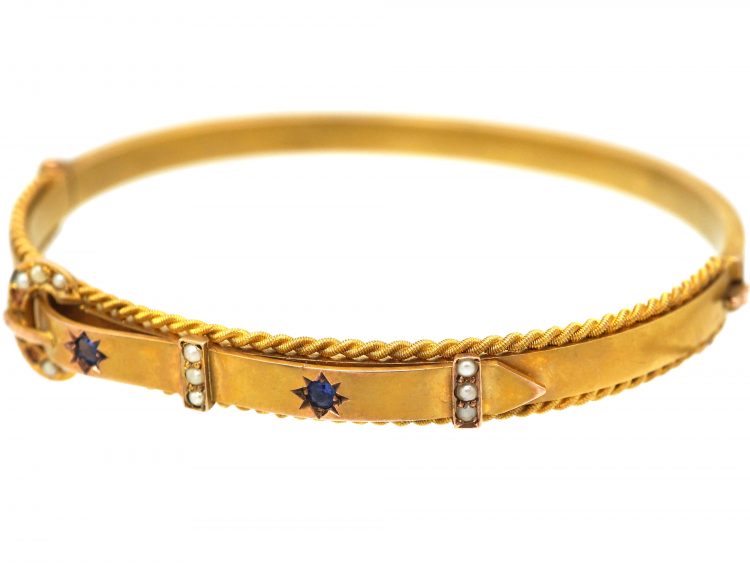 Edwardian 9ct Gold Buckle Motif Bangle set with Sapphires & Natural Split Pearls