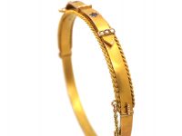 Edwardian 9ct Gold Buckle Motif Bangle set with Sapphires & Natural Split Pearls